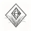a diamond balancing on top of a single blade of grass using bold black lines in a bold black frame tattoo design idea
