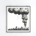 a nuclear explosion mushroom cloud destroying a city in a rectangular picture frame hanging on a wall tattoo design idea