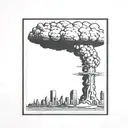 a nuclear explosion mushroom cloud destroying a city in a rectangular picture frame hanging on a wall tattoo design idea