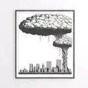 a nuclear explosion mushroom cloud destroying a city in a rectangular picture frame hanging on a wall tattoo design idea