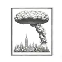 a nuclear explosion mushroom cloud destroying a city in a rectangular picture frame hanging on a wall tattoo design idea