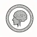 a brain inside a simple thick black line circular frame with geometric patterns shooting from it tattoo design idea