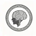 a brain inside a simple thick black line circular frame with geometric patterns shooting from it tattoo design idea