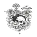 a head poking out of a grave, being covered in soil from above, with flowers growing out of the top tattoo design idea