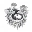 a head poking out of a grave, being covered in soil from above, with flowers growing out of the top tattoo design idea