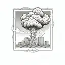 a nuclear explosion mushroom cloud destroying a city in a rectangular picture frame hanging on a wall tattoo design idea