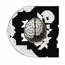a brain inside a circular frame with geometric patterns shooting from it tattoo design idea