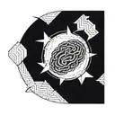 a brain inside a circular frame with geometric patterns shooting from it tattoo design idea
