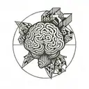 a brain inside a circular frame with geometric patterns shooting from it tattoo design idea