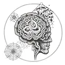 a brain inside a circular frame with geometric patterns shooting from it tattoo design idea