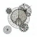 a brain inside a circular frame with geometric patterns shooting from it tattoo design idea