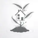 a seed growing out of the ground into a plant. but the plant is slowly becoming a house. dark black background tattoo design idea