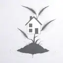 a seed growing out of the ground into a plant. but the plant is slowly becoming a house. dark black background tattoo design idea