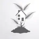 a seed growing out of the ground into a plant. but the plant is slowly becoming a house. dark black background tattoo design idea