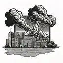 a nuclear explosion mushroom cloud destroying a city in a rectangular picture frame hanging on a wall tattoo design idea