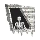 a skeleton hiding and stuck in a brick wall tattoo design idea