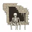 a skeleton hiding and stuck in a brick wall tattoo design idea