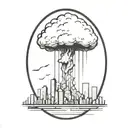 an abstract nuclear explosion mushroom cloud destroying a city in an abstract black line frame tattoo design idea