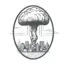 an abstract nuclear explosion mushroom cloud destroying a city in an abstract black line frame tattoo design idea