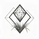a diamond balancing on top of a single blade of grass using bold black lines in a bold black frame tattoo design idea