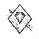 a diamond balancing on top of a single blade of grass using bold black lines in a bold black frame tattoo design idea
