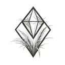 a diamond balancing on top of a single blade of grass using bold black lines in a bold black frame tattoo design idea