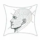 a human head laying back on a pillow with geometric shapes like a maze coming out of the top of his head tattoo design idea