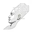a human head laying back on a pillow with geometric shapes like a maze coming out of the top of his head tattoo design idea