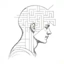 a human head laying back on a pillow with geometric shapes like a maze coming out of the top of his head tattoo design idea