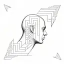 a human head laying back on a pillow with geometric shapes like a maze coming out of the top of his head tattoo design idea