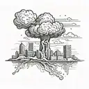 a mushroom cloud from a nuclear explosion destroying a major city within an abstract frame tattoo design idea