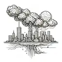 a mushroom cloud from a nuclear explosion destroying a major city within an abstract frame tattoo design idea