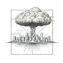 a nuclear explosion mushroom cloud destroying a city in a rectangular picture frame hanging on a wall tattoo design idea