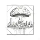 a nuclear explosion mushroom cloud destroying a city in a rectangular picture frame hanging on a wall tattoo design idea