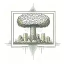 a nuclear explosion mushroom cloud destroying a city in a rectangular picture frame hanging on a wall tattoo design idea