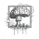 a nuclear explosion mushroom cloud destroying a city in a rectangular picture frame hanging on a wall tattoo design idea