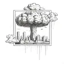 a nuclear explosion mushroom cloud destroying a city in a rectangular picture frame hanging on a wall tattoo design idea