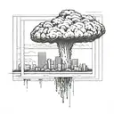 a nuclear explosion mushroom cloud destroying a city in a rectangular picture frame hanging on a wall tattoo design idea