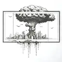 a nuclear explosion mushroom cloud destroying a city in a rectangular picture frame hanging on a wall tattoo design idea