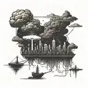 a nuclear explosion mushroom cloud destroying a city in a rectangular picture frame hanging on a wall tattoo design idea