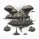 a nuclear explosion mushroom cloud destroying a city in a rectangular picture frame hanging on a wall tattoo design idea