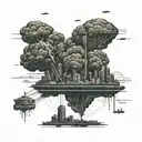 a nuclear explosion mushroom cloud destroying a city in a rectangular picture frame hanging on a wall tattoo design idea