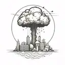 an abstract nuclear explosion mushroom cloud destroying a major city in an abstract black line frame tattoo design idea