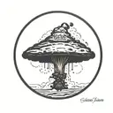 a nuclear explosion mushroom cloud within a perfect black circle tattoo design idea