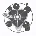 a satellite shaped like a love heart in space enshrouded by a circle tattoo design idea
