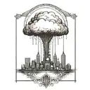 an abstract nuclear explosion mushroom cloud destroying a major city in an abstract black line frame tattoo design idea