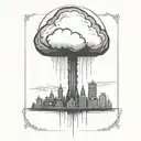 an abstract nuclear explosion mushroom cloud destroying a major city in an abstract black line frame tattoo design idea