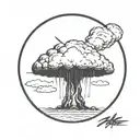 a nuclear explosion mushroom cloud within a perfect black circle tattoo design idea