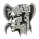 a human head with a view of the brain depicted as a maze, abstract tattoo design idea