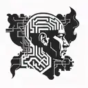 a human head with a view of the brain depicted as a maze, abstract tattoo design idea